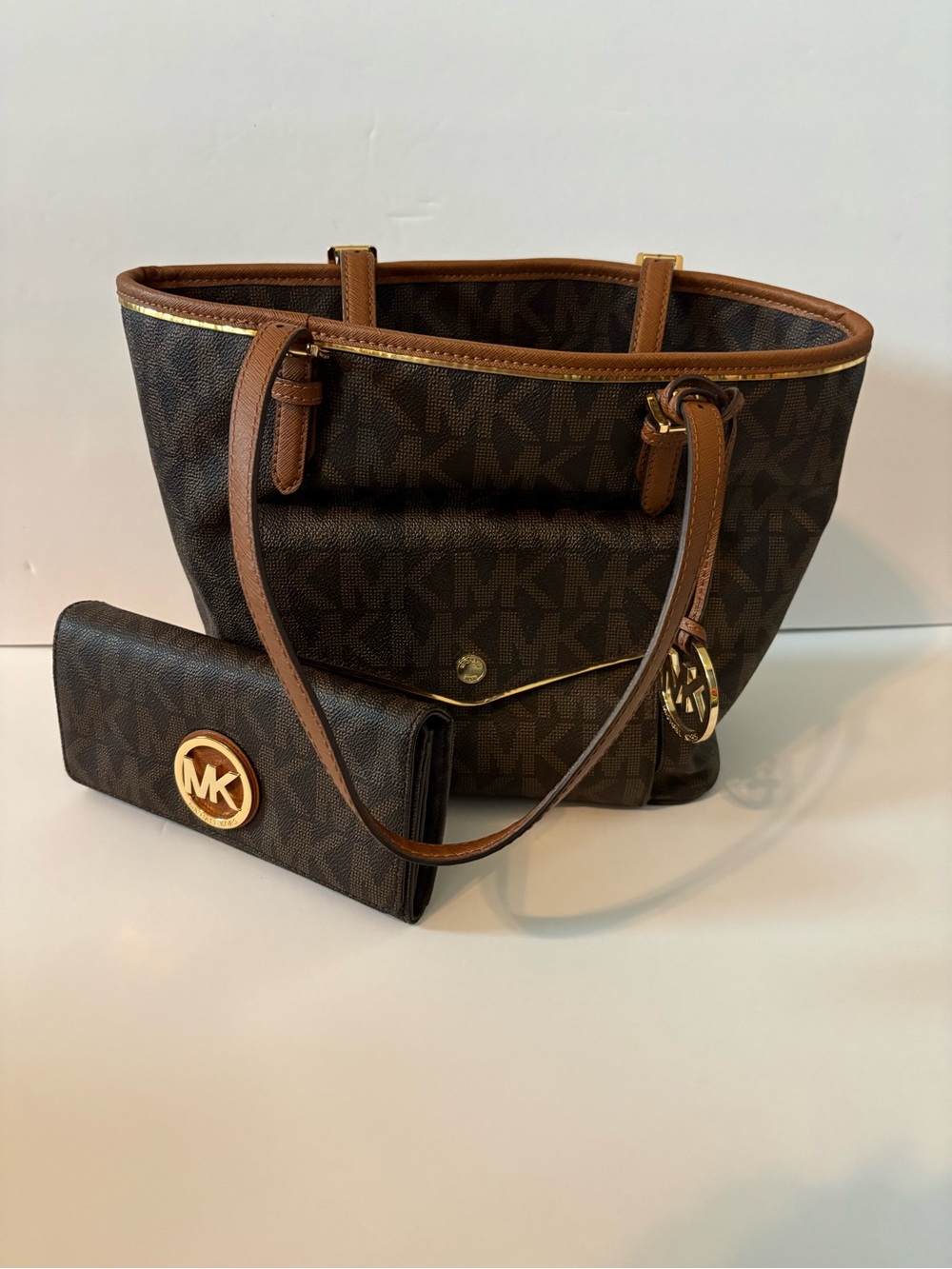 Michael Kors Brown Monogram Tote with Matching Wallet